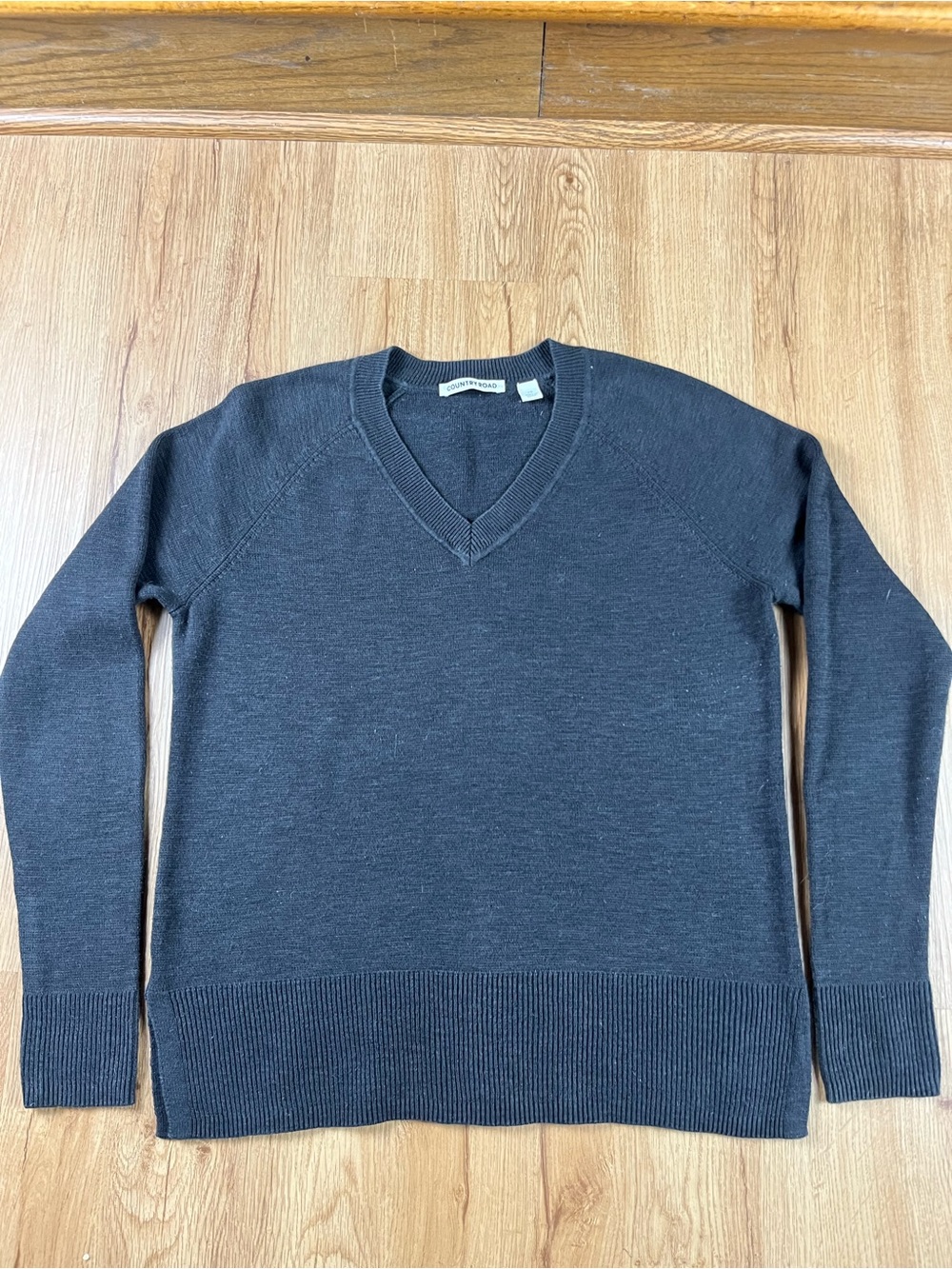 Country Road Women’s XS Cotton Linen V-Neck Sweater Black Side Slits